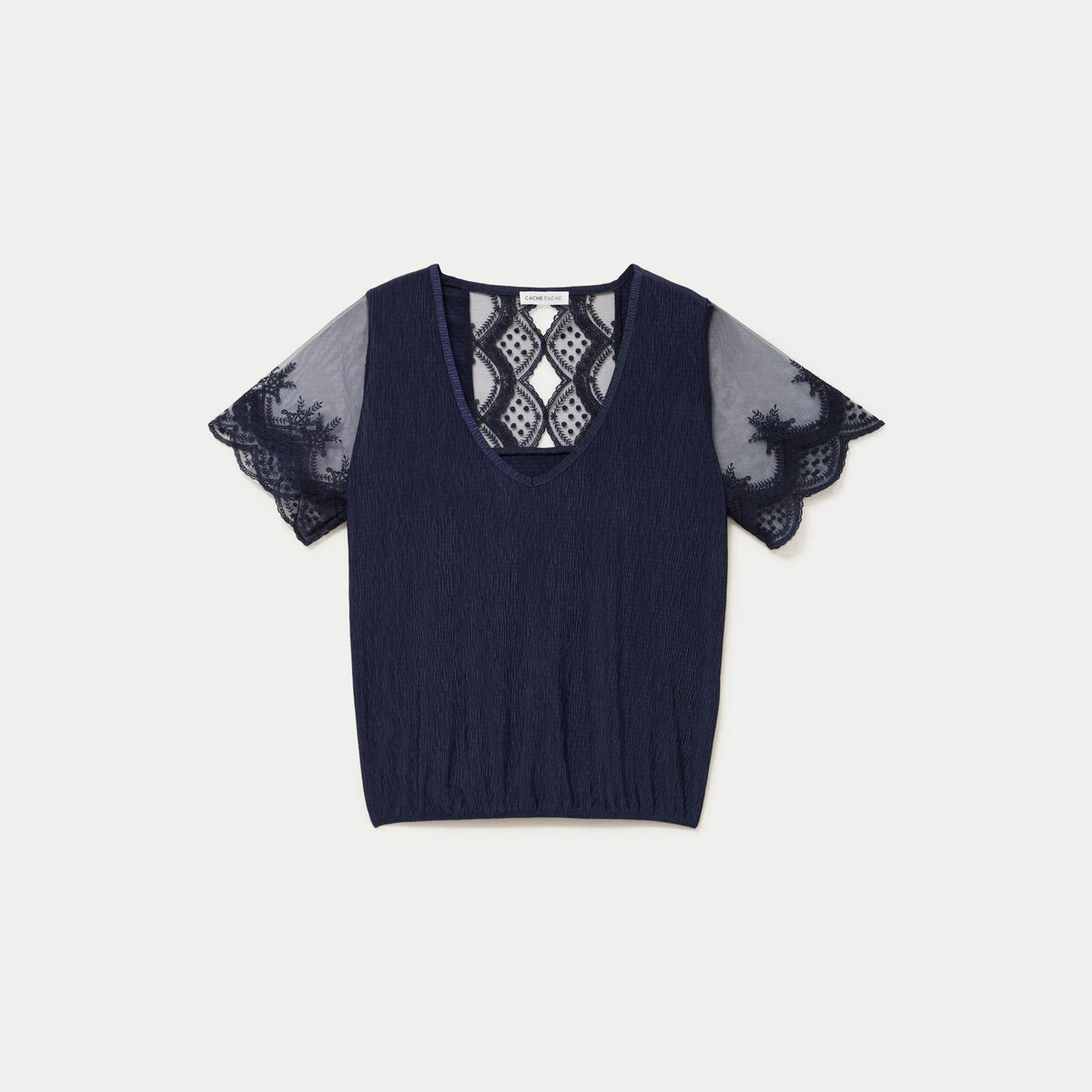 Blouse col v manches courtes dentelle bleu marine femme