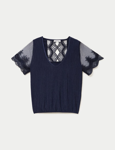 Blouse col v manches courtes dentelle bleu marine femme