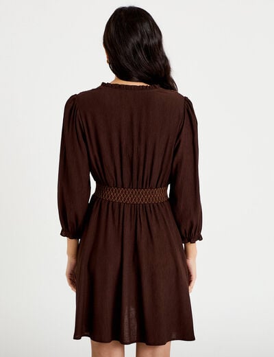 Robe courte &eacute;vas&eacute;e col v manches 3/4 marron fonc&eacute; femme