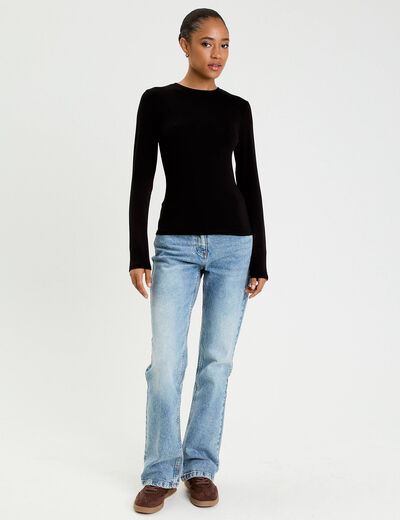 T-shirt cintr&eacute; col rond manches longues noir femme