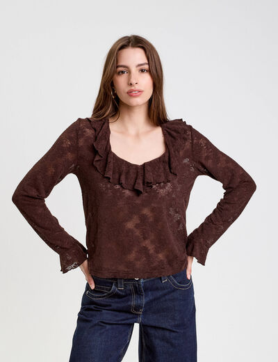 Blouse ajour&eacute;e manches longues marron fonc&eacute; femme