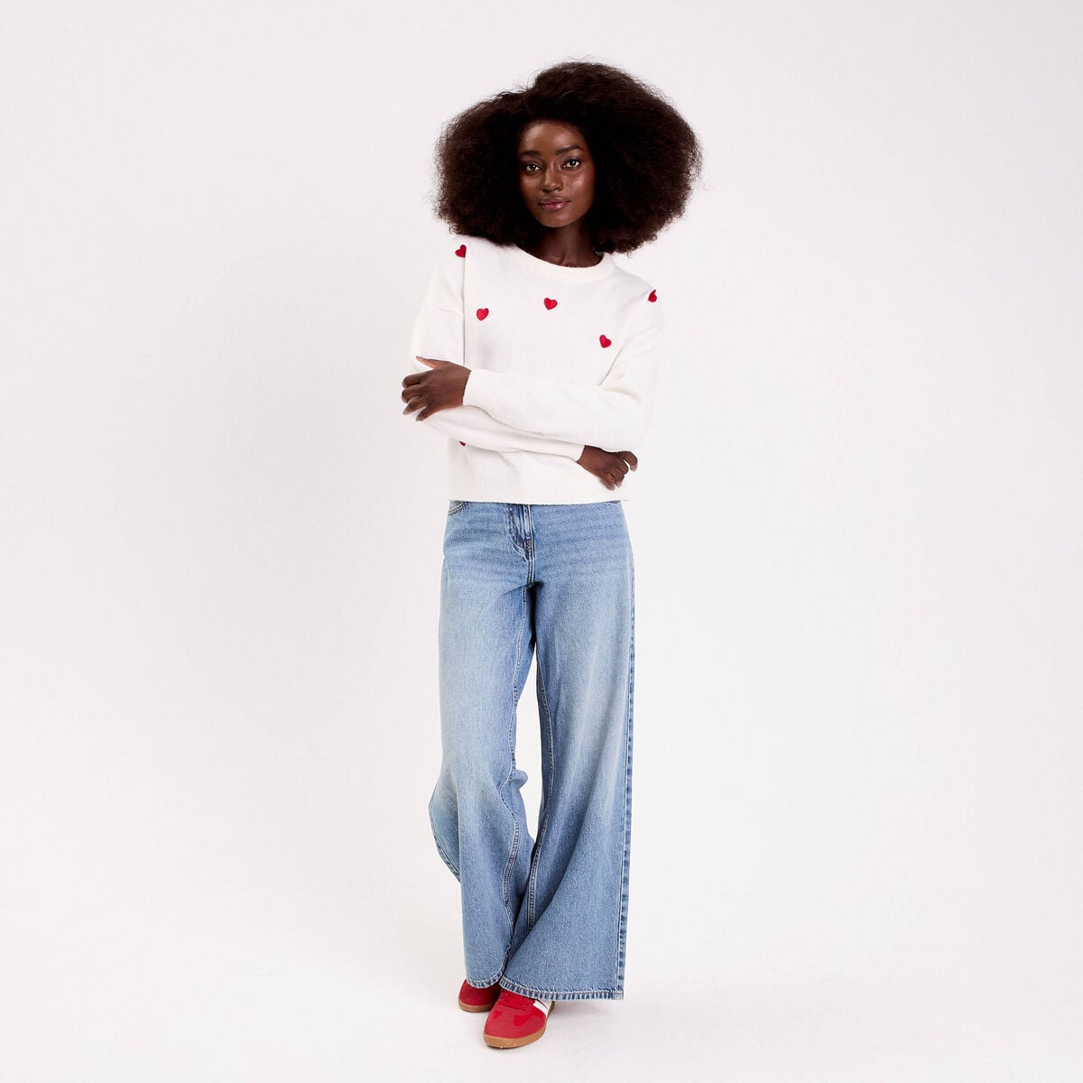Pull &agrave; motifs coeurs ecru femme