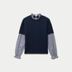 Pull 2-en-1 col rond manches vichy bleu marine femme