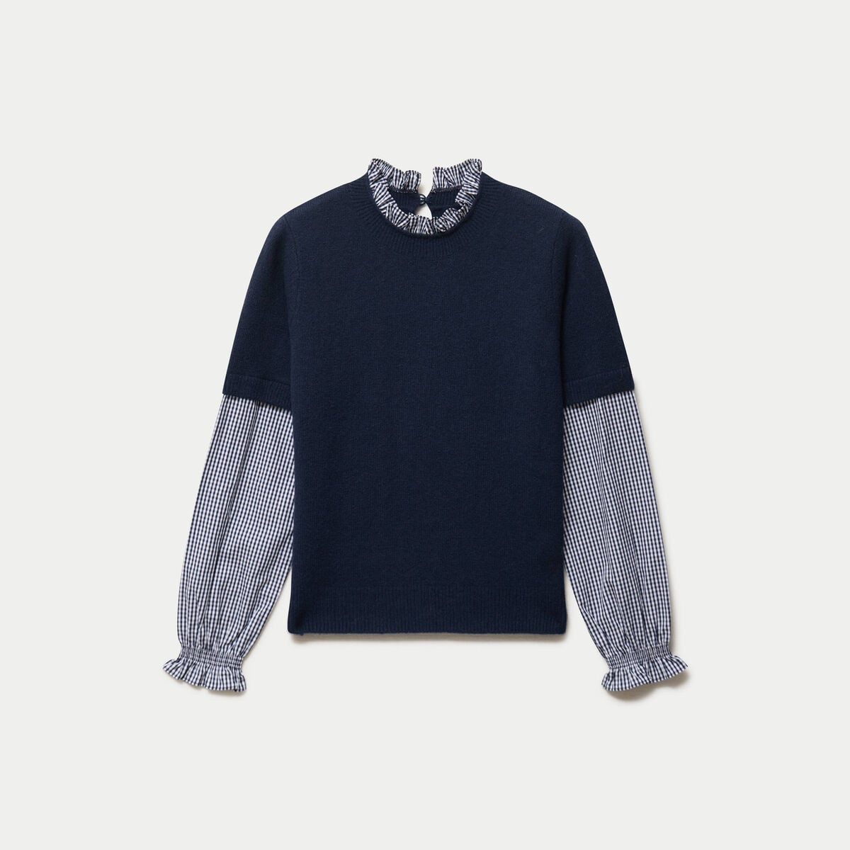 Pull 2-en-1 col rond manches vichy bleu marine femme