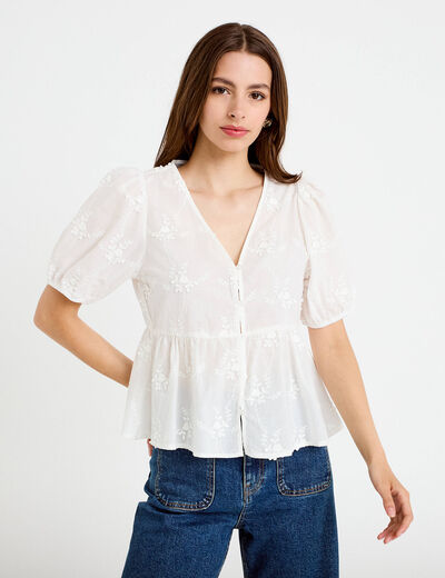 Blouse col v manches courtes brod&eacute;e ecru femme