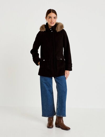 Manteau mi-long &agrave; capuche noir femme