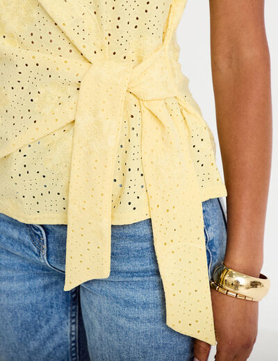 Blouse col v manches courtes jaune clair femme