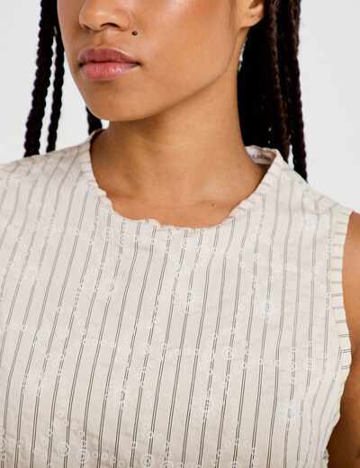Blouse droite sans manches pliss&eacute;e creme femme