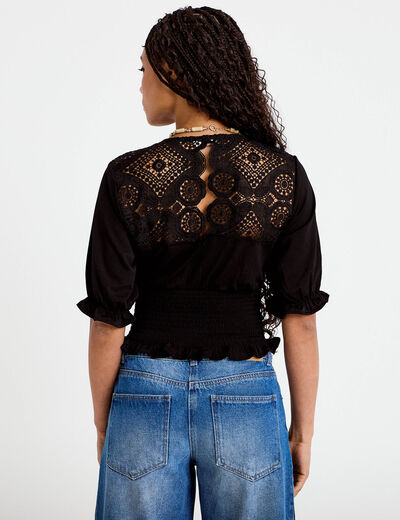 Blouse manches courtes smock&eacute;e noir femme