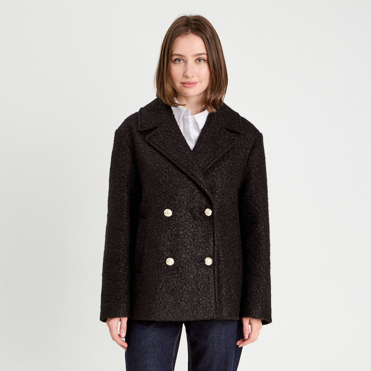 Manteau bouclette boutonn&eacute; noir femme