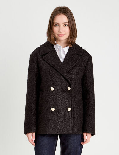 Manteau bouclette boutonn&eacute; noir femme