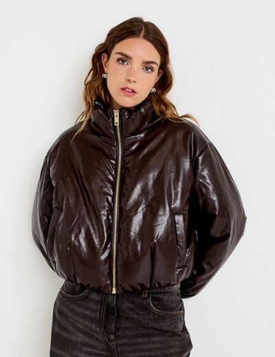Doudoune cropped similicuir col montant marron fonc&eacute; femme