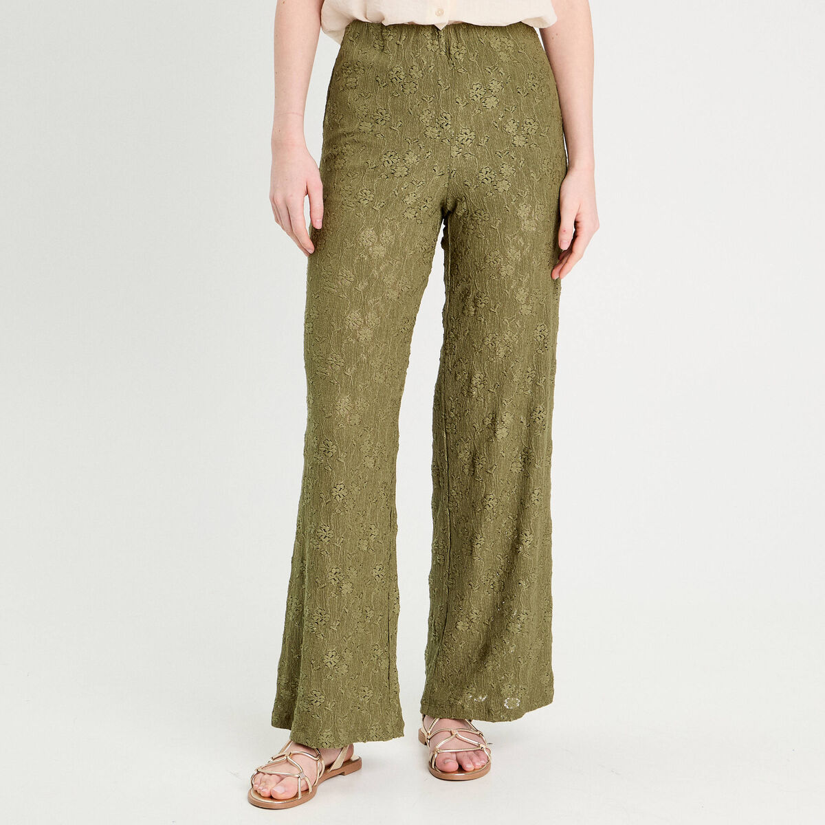 Pantalon large ajour&eacute; vert kaki femme