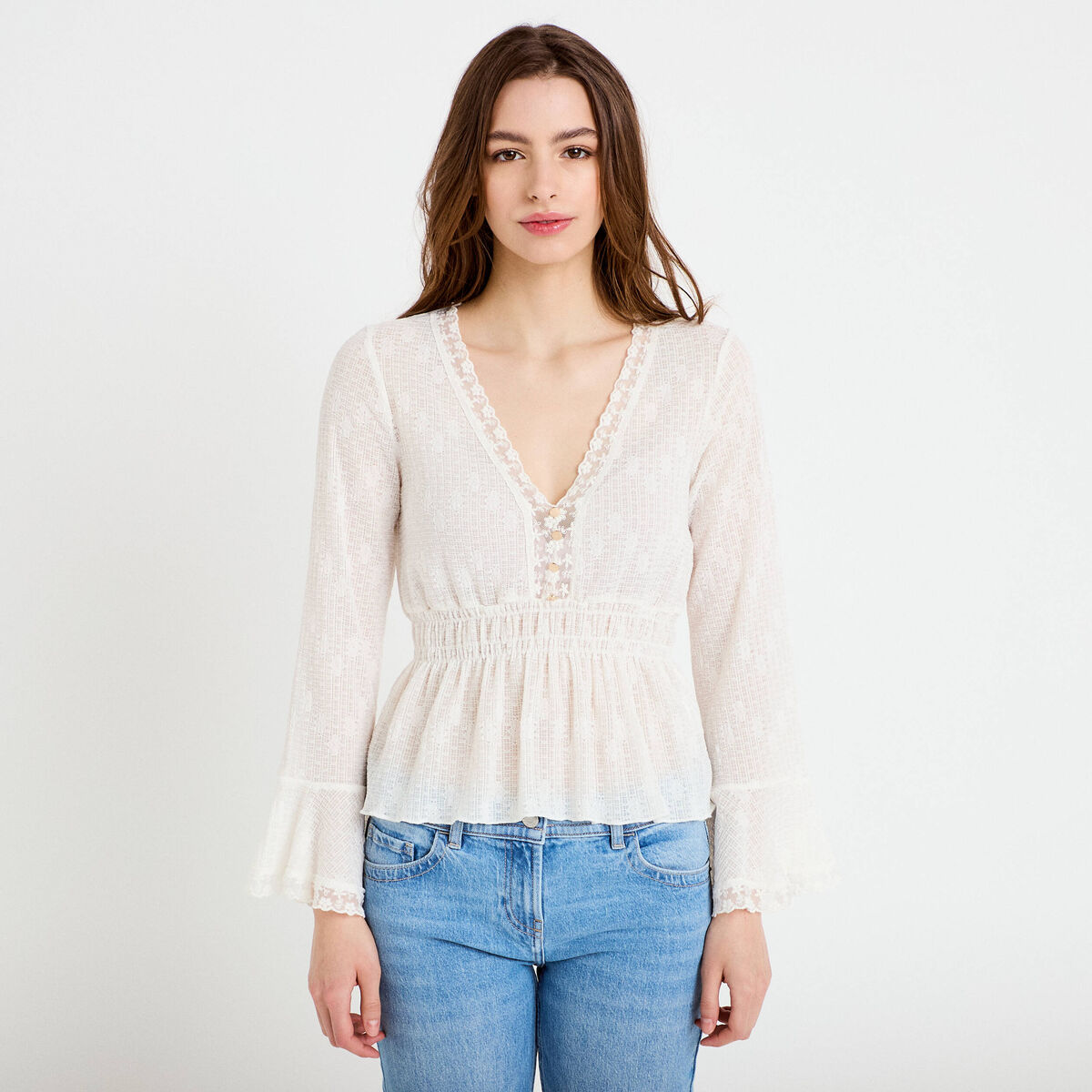 Blouse ajust&eacute;e col v manches longues ecru femme