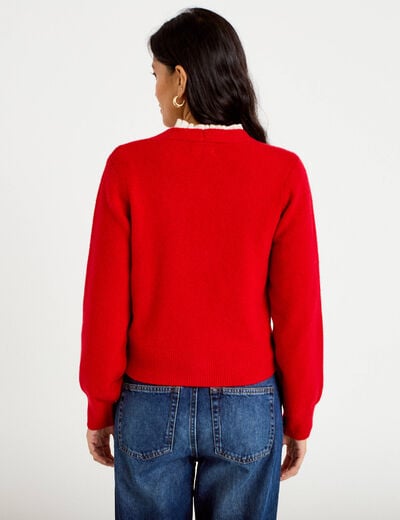 Gilet col v broderie manches longues rouge femme