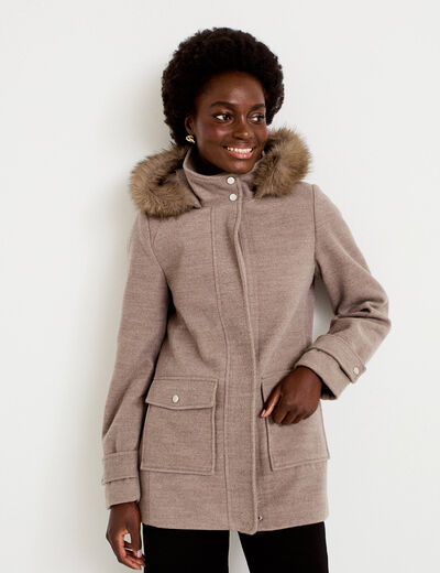 Manteau mi-long &agrave; capuche taupe femme