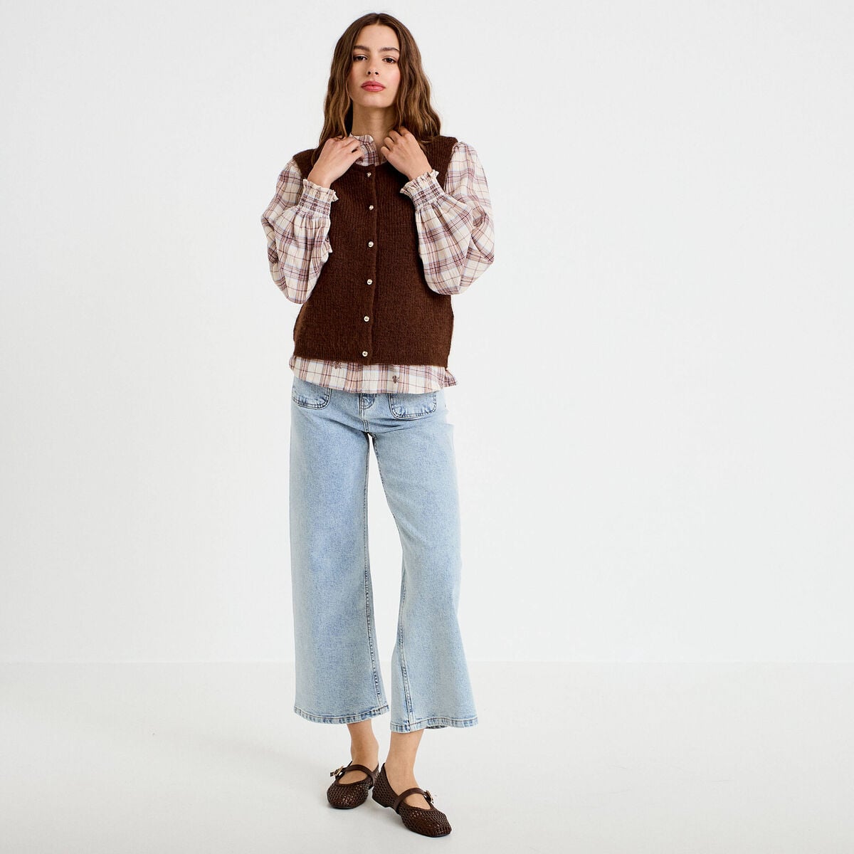 Blouse ample col montant manches longues beige femme