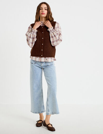 Blouse ample col montant manches longues beige femme