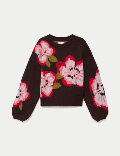 Pull ample col rond manches longues marron fonc&eacute; femme