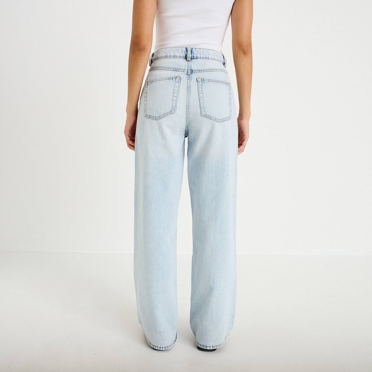 Jeans wide leg taille haute denim bleach femme
