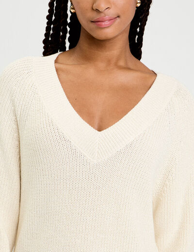 Pull col v manches longues ivoire femme