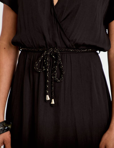 Robe longue &eacute;vas&eacute;e col v satin&eacute;e noir femme