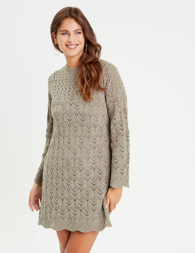 Robe tricot &eacute;vas&eacute;e ajour&eacute;e vert kaki femme