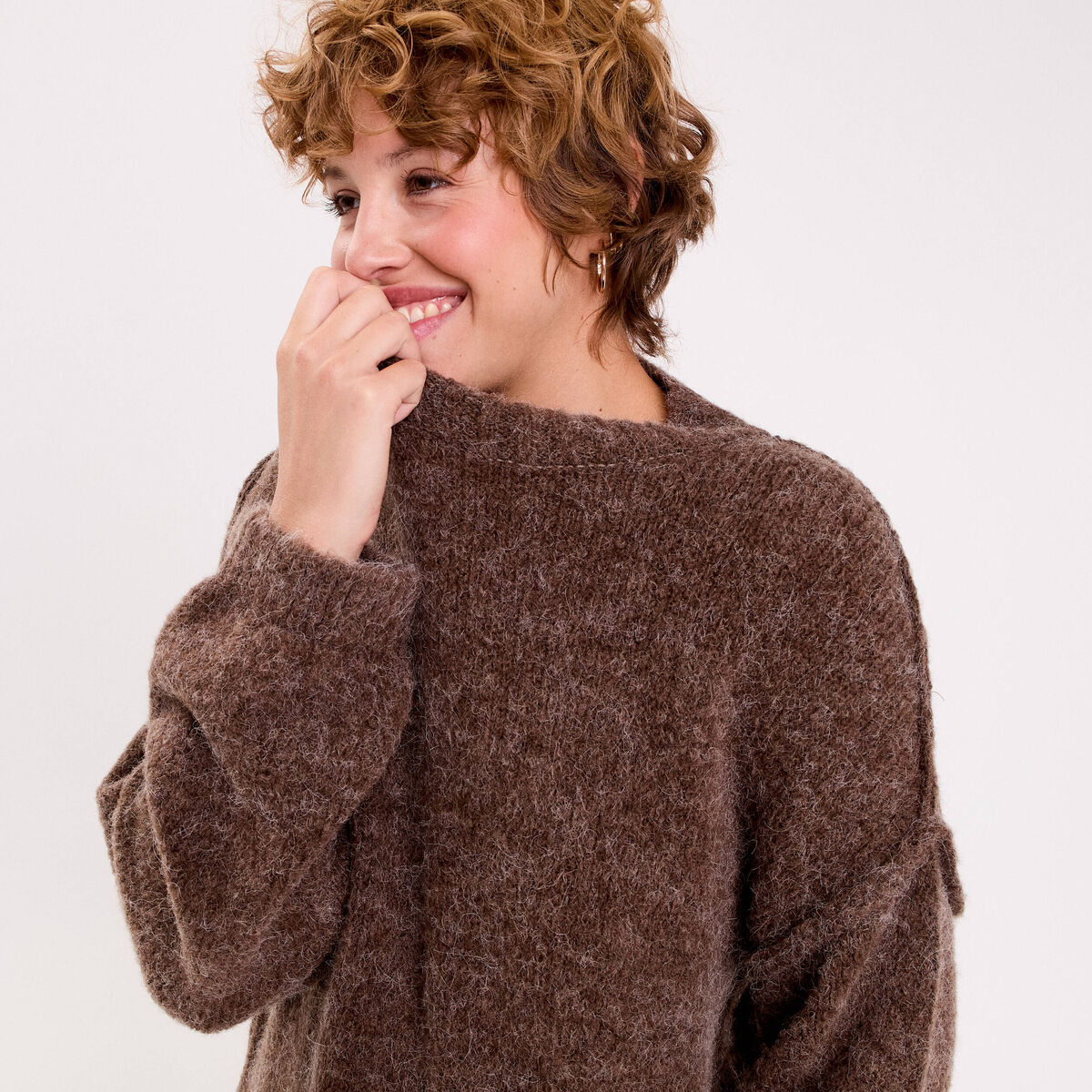 Pull oversize col rond manches longues marron clair femme