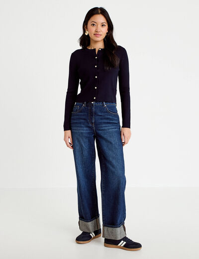 Gilet ajust&eacute; cropped col rond bleu marine femme