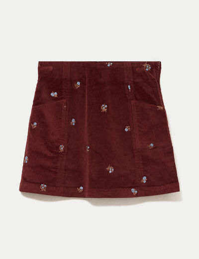 Jupe courte trap&egrave;ze en velours brod&eacute; marron femme