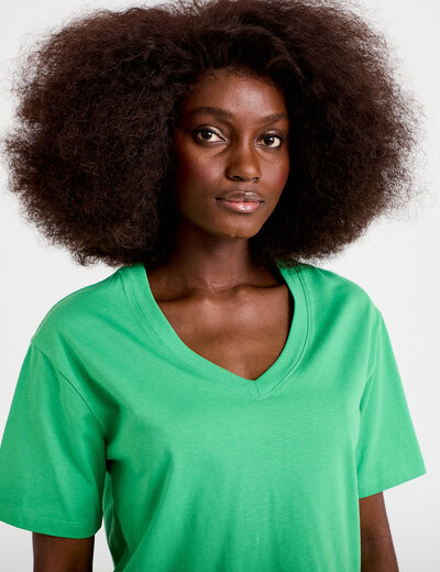 T-shirt col v manches courtes vert femme
