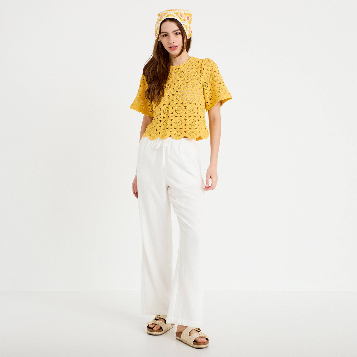 Pantalon large fluide taille &eacute;lastiqu&eacute;e ecru femme