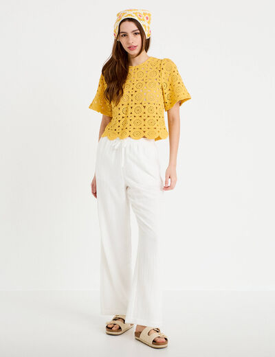 Pantalon large fluide taille &eacute;lastiqu&eacute;e ecru femme