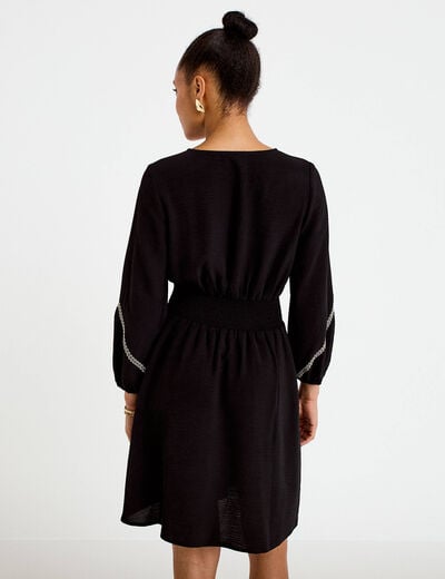 Robe courte &eacute;vas&eacute;e col v manches 3/4 noir femme