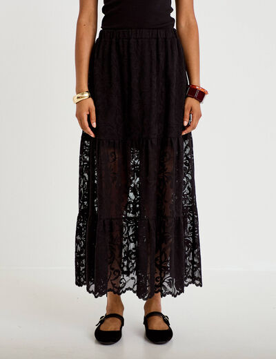 Jupe &eacute;vas&eacute;e longueur 3/4 dentelle noir femme