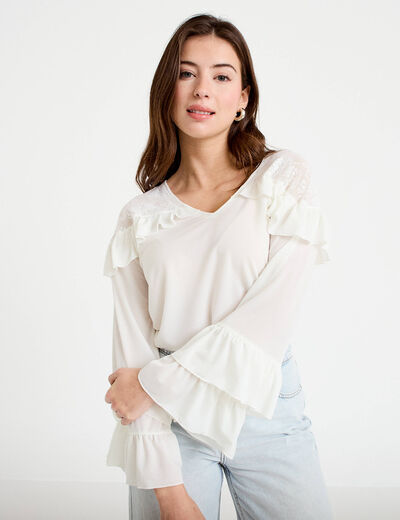 Blouse col v manches longues dentelle ecru femme
