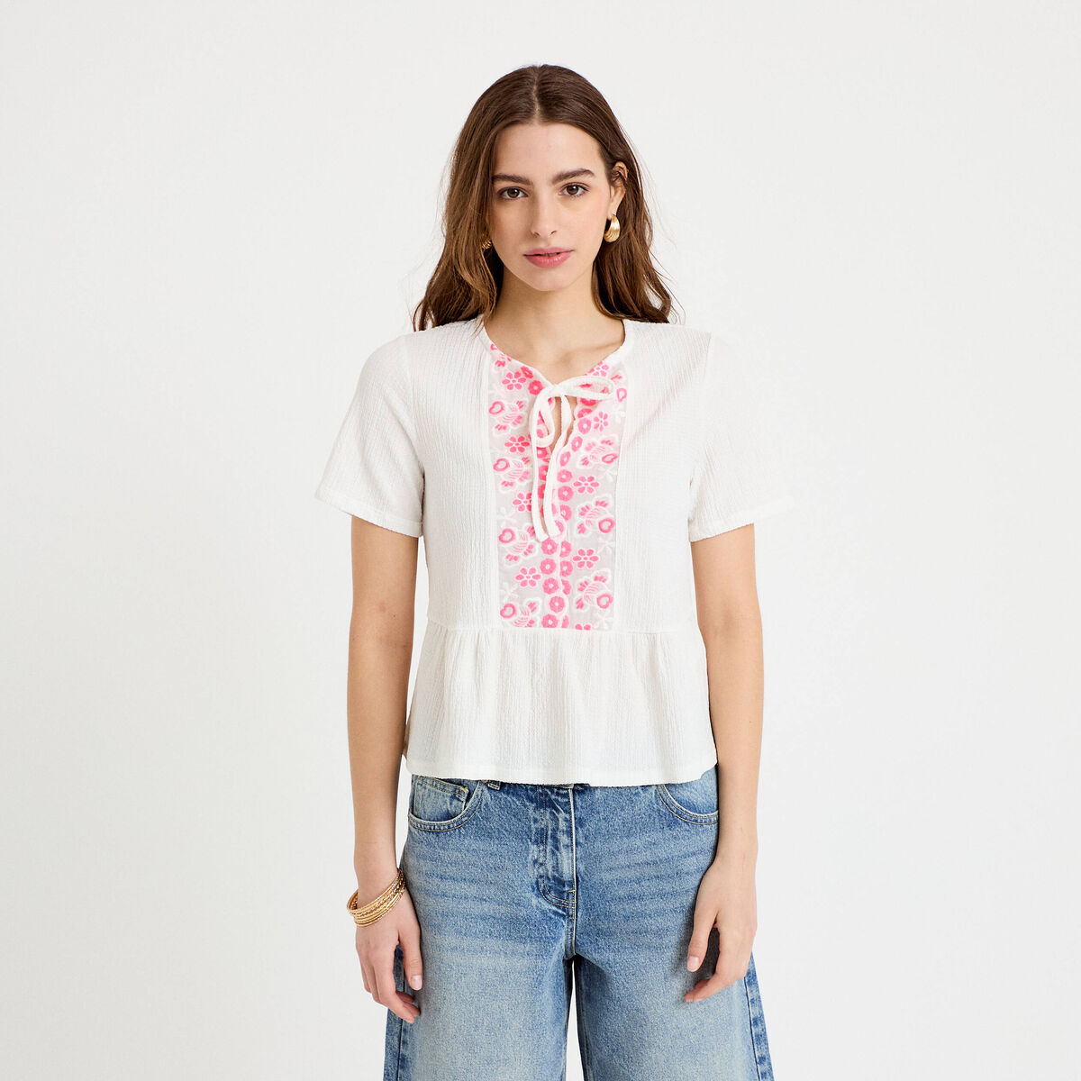Blouse brod&eacute;e ecru femme