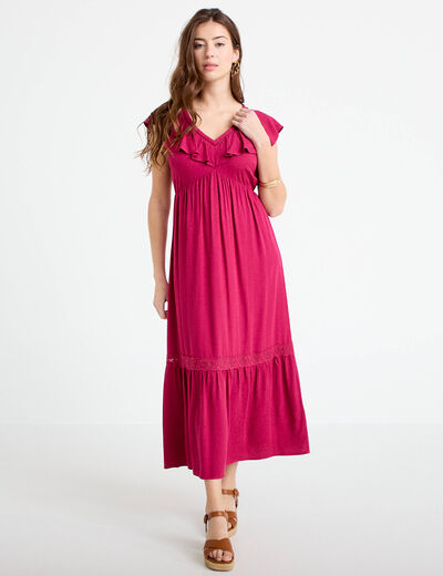 Robe longue &eacute;vas&eacute;e col v manches courtes rouge femme