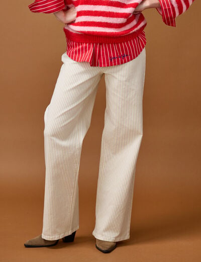 Jean wide leg ray&eacute; taille haute beige femme