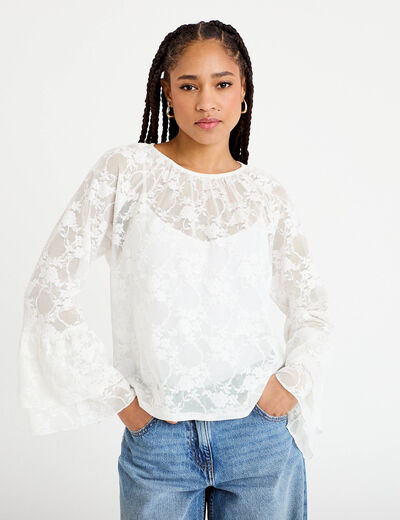 Blouse col rond manches longues dentelle ecru femme