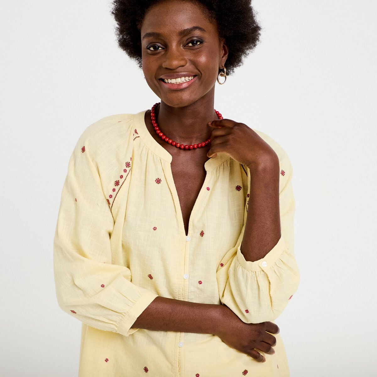 Blouse ample col tunisien manches 3/4 jaune pastel femme