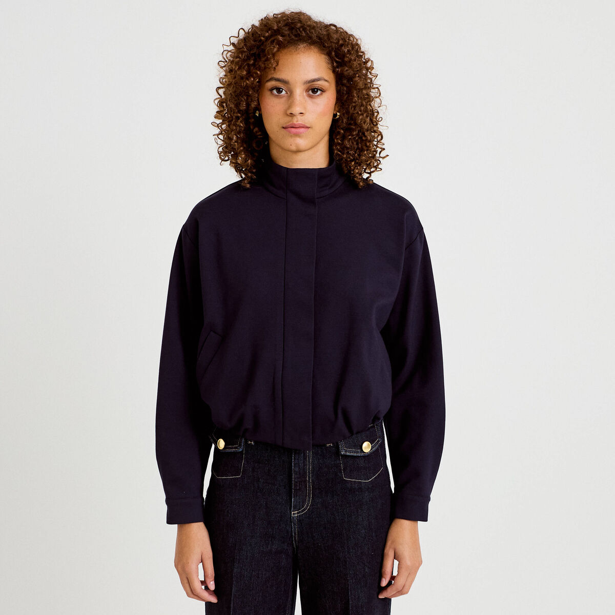 Veste cropped bas resserr&eacute; bleu marine femme