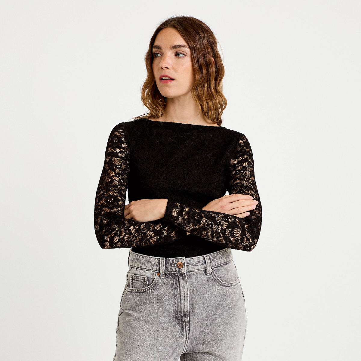 Body ajust&eacute; dentelle col bateau noir femme
