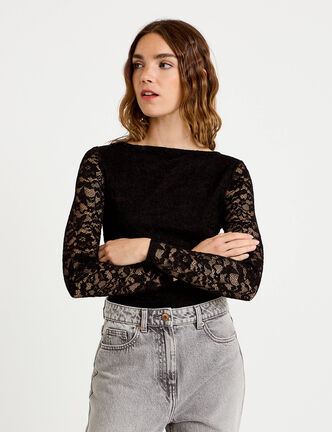 Body ajust&eacute; dentelle col bateau noir femme