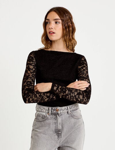 Body ajust&eacute; dentelle col bateau noir femme