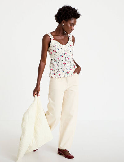Pantalon barrel broderie taille basse ecru femme