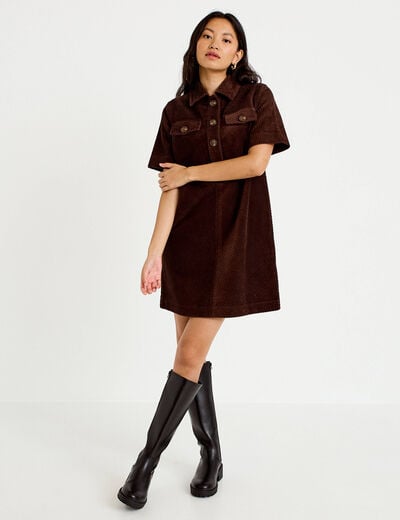 Robe courte droite en velours coton marron fonc&eacute; femme