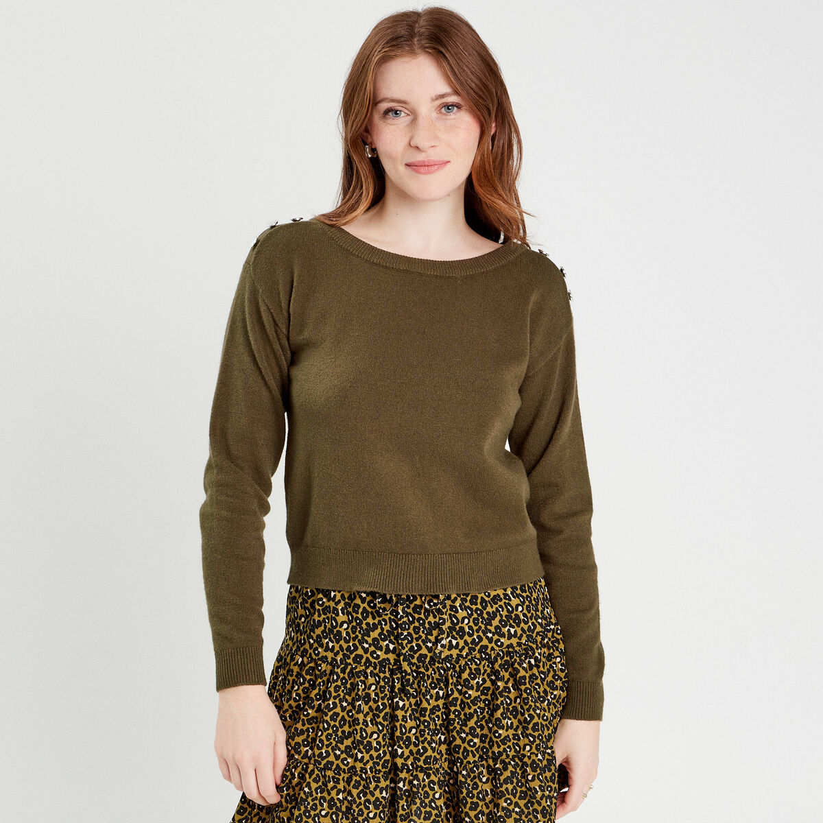 Pull avec boutons &eacute;paules vert kaki femme