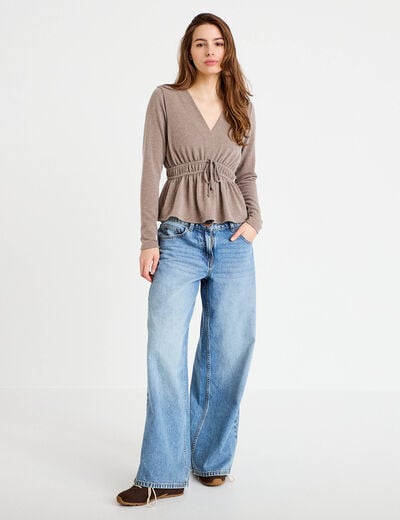 Blouse cintr&eacute;e col v manches longues beige femme