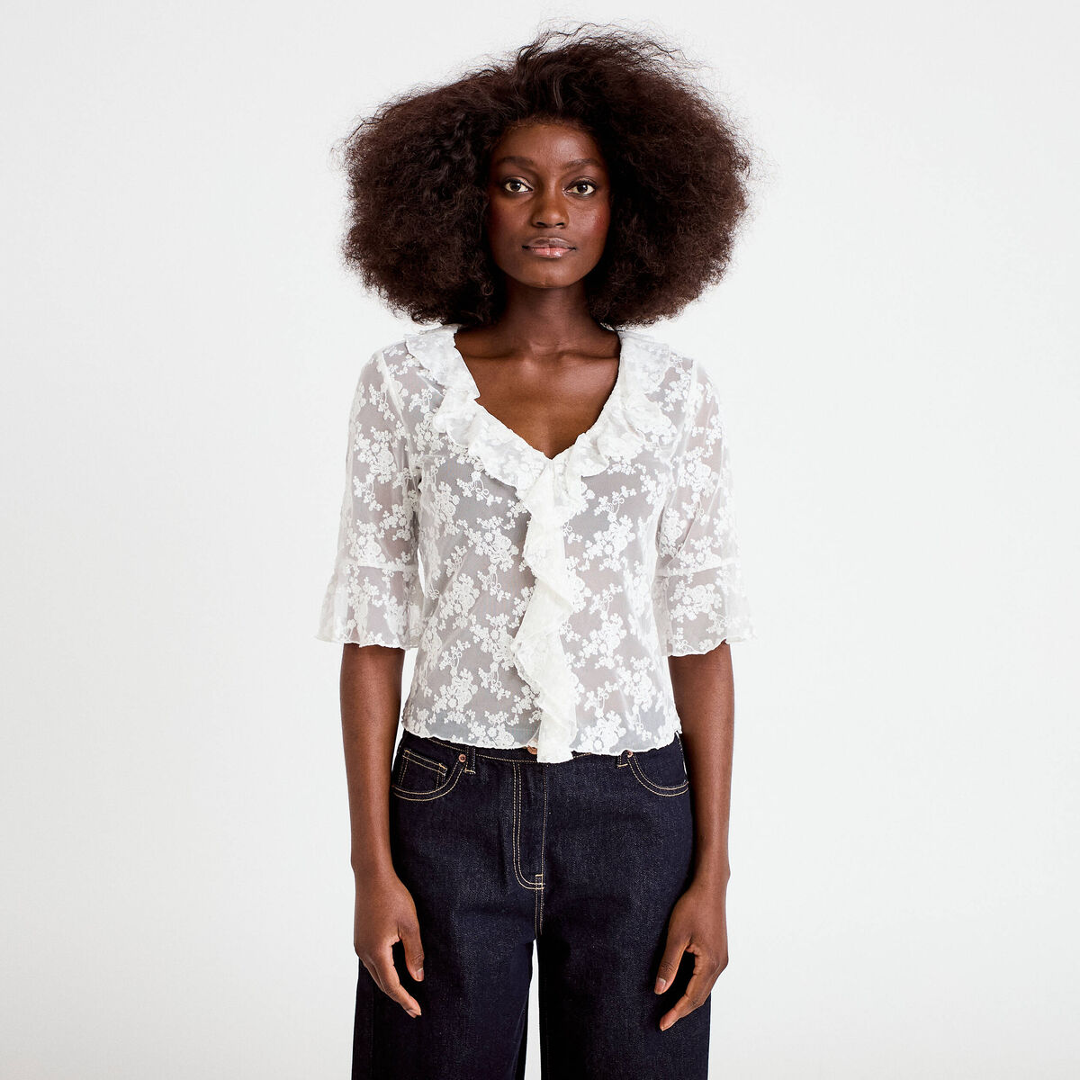 Blouse dentelle &agrave; volants ecru femme